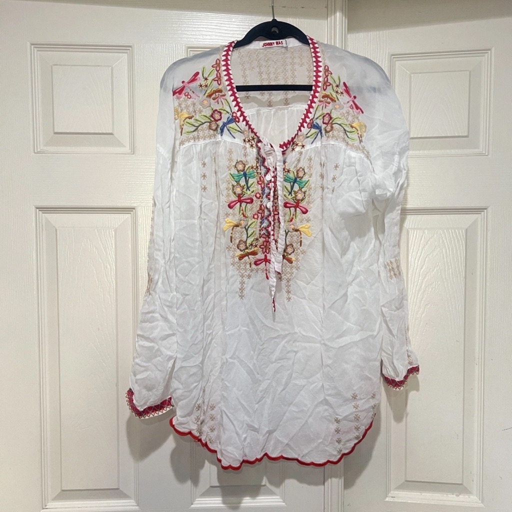 Johnny Was Dragonfly Floral Embroidered Blouse Tunic Top Spring Boho Sz Large